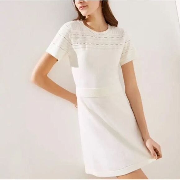 Loft Ivory Textured Yoke Flare MiniSweater Dress Size Small - Picture 1 of 7